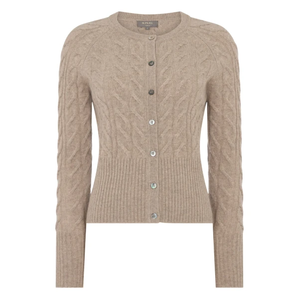 N.Peal Myla Cable Cashmere Cardigan in Oatmeal Brown | Cardigan | Luxury Shoes 