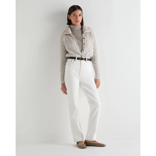 N.Peal Myla Fur Collar Cashmere Cardigan in Pebble Grey