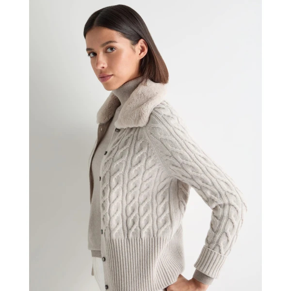 N.Peal Myla Fur Collar Cashmere Cardigan in Pebble Grey