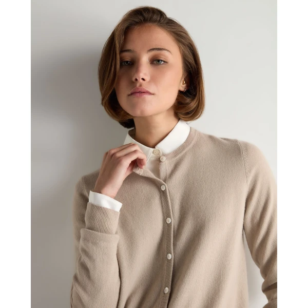 N.Peal Olivia Round Neck Cashmere Cardigan in Cashew Brown