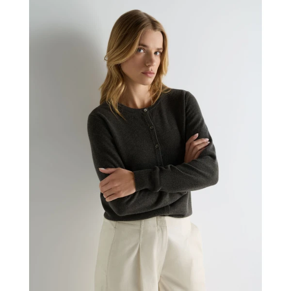 N.Peal Olivia Round Neck Cashmere Cardigan in Grey Moss