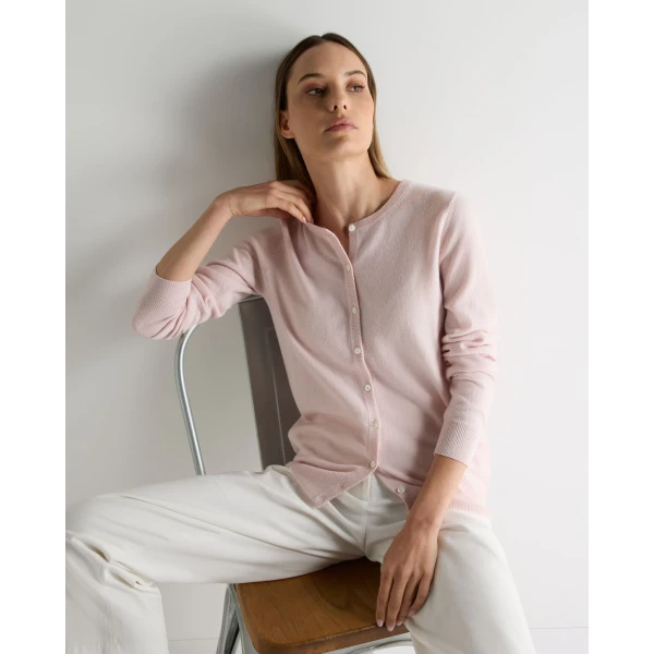 N.Peal Olivia Round Neck Cashmere Cardigan in Powder Pink