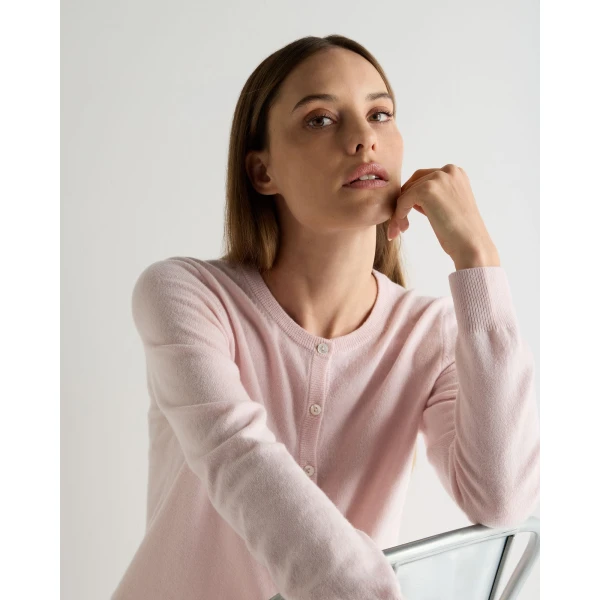 N.Peal Olivia Round Neck Cashmere Cardigan in Powder Pink