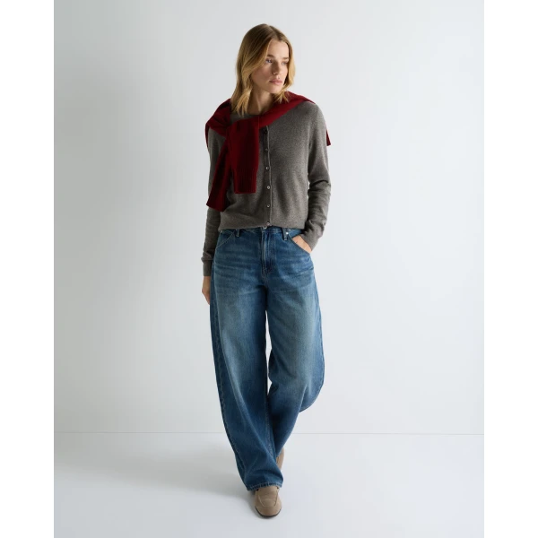 N.Peal Olivia Round Neck Cashmere Cardigan in Wood Smoke Brown