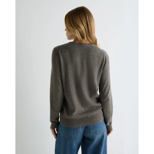 N.Peal Olivia Round Neck Cashmere Cardigan in Wood Smoke Brown