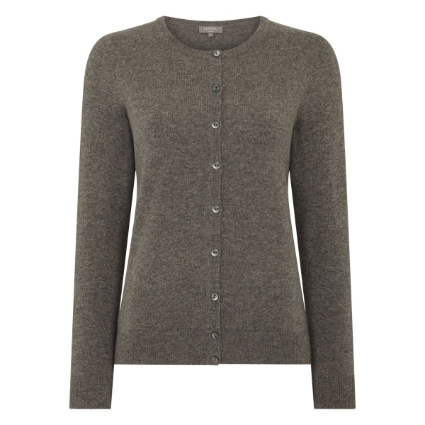 N.Peal Olivia Round Neck Cashmere Cardigan in Wood Smoke Brown | Cardigan | Luxury Shoes 