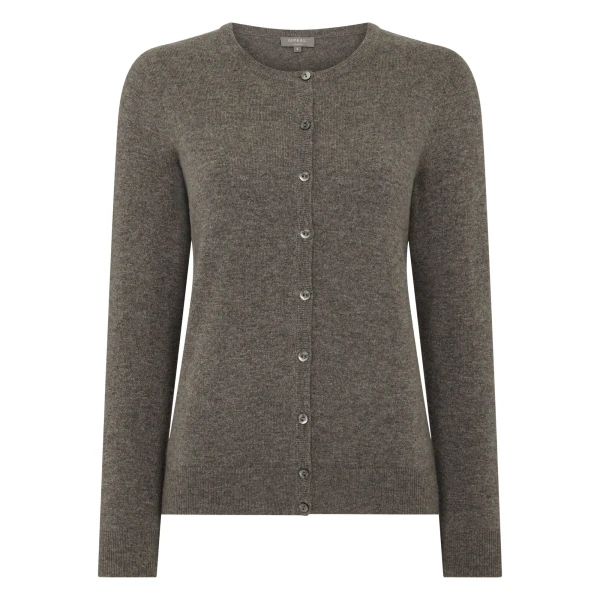 N.Peal Olivia Round Neck Cashmere Cardigan in Wood Smoke Brown | Cardigan | Luxury Shoes 