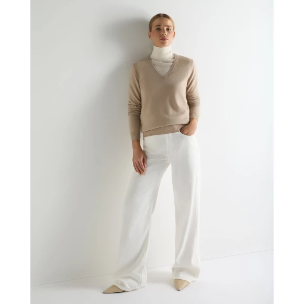 N.Peal Phoebe V Neck Cashmere Jumper in Cashew Brown