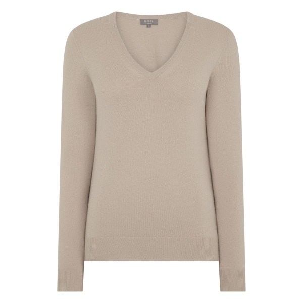 N.Peal Phoebe V Neck Cashmere Jumper in Cashew Brown | Sweaters | Luxury Shoes 