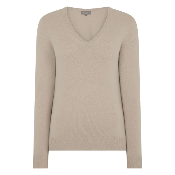 N.Peal Phoebe V Neck Cashmere Jumper in Cashew Brown | Sweaters | Luxury Shoes 