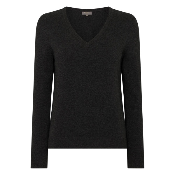 N.Peal Phoebe V Neck Cashmere Jumper in Deep Charcoal Grey | Sweaters | Luxury Shoes 