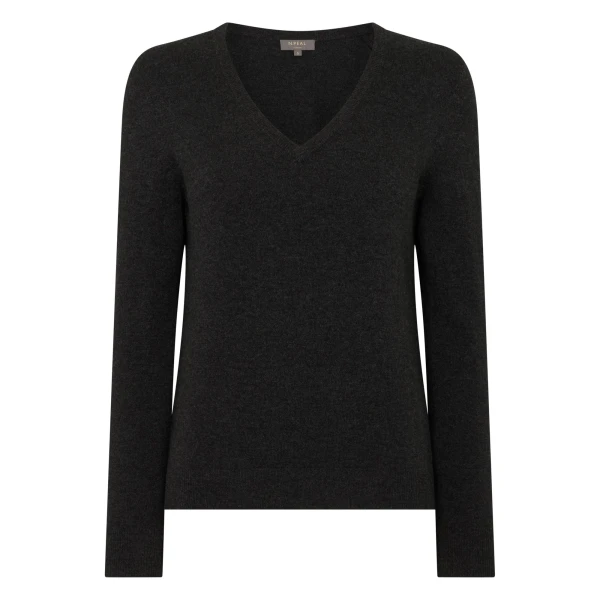 N.Peal Phoebe V Neck Cashmere Jumper in Deep Charcoal Grey | Sweaters | Luxury Shoes 