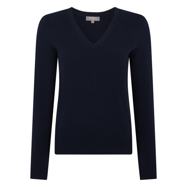 N.Peal Phoebe V Neck Cashmere Jumper in Navy Blue | Sweaters | Luxury Shoes 