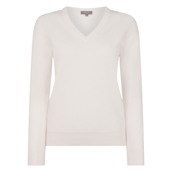 N.Peal Phoebe V Neck Cashmere Jumper in New Ivory White | Sweaters | Luxury Shoes 