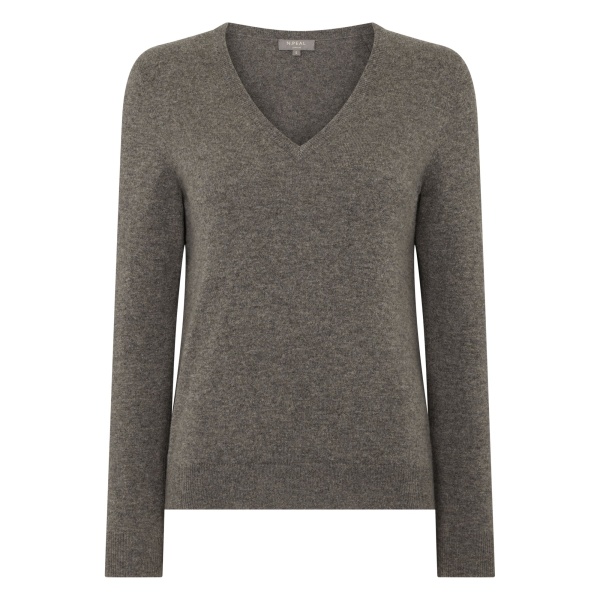 N.Peal Phoebe V Neck Cashmere Jumper in Wood Smoke Brown | Sweaters | Luxury Shoes 
