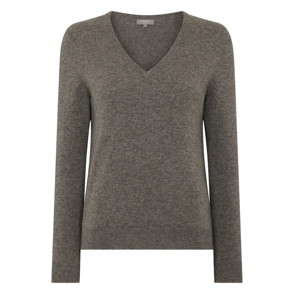 N.Peal Phoebe V Neck Cashmere Jumper in Wood Smoke Brown | Sweaters | Luxury Shoes 