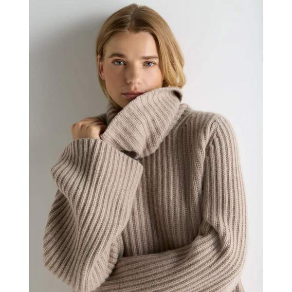 N.Peal Ribbed Bell Sleeve Cashmere Jumper in Oatmeal Brown