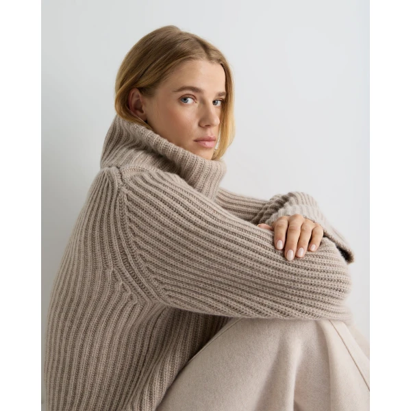 N.Peal Ribbed Bell Sleeve Cashmere Jumper in Oatmeal Brown