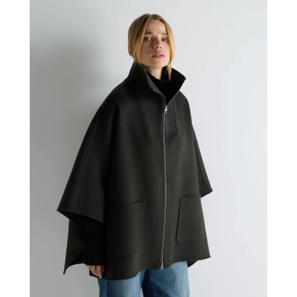 N.Peal Ribbed Collar Woven Cape in Dark Green