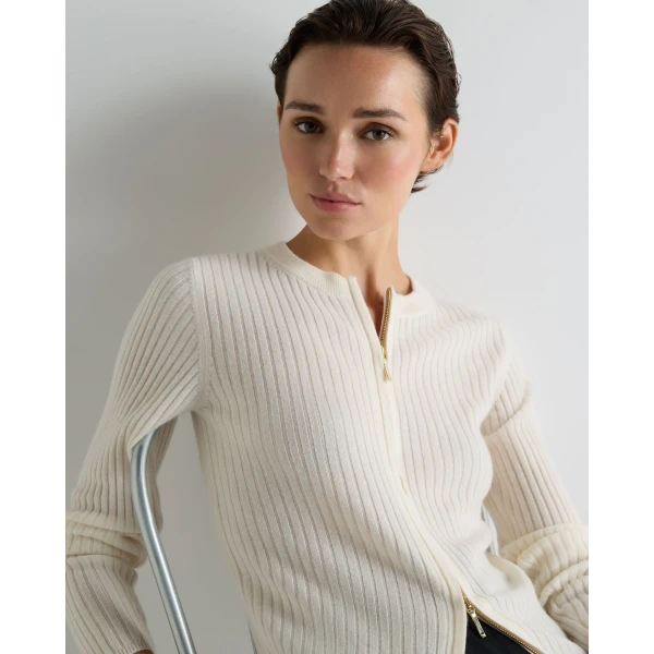 N.Peal Ribbed Full Zip Cashmere Jumper in New Ivory White