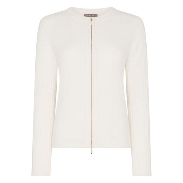 N.Peal Ribbed Full Zip Cashmere Jumper in New Ivory White | Sweaters | Luxury Shoes 