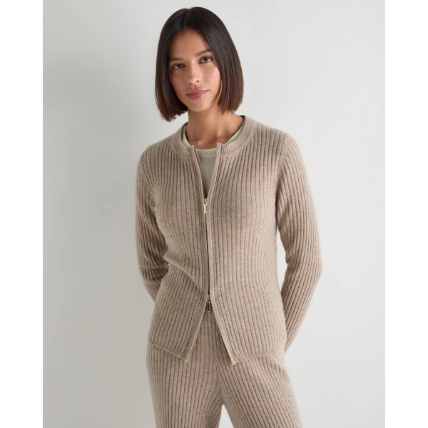 N.Peal Ribbed Full Zip Cashmere Jumper in Oatmeal Brown
