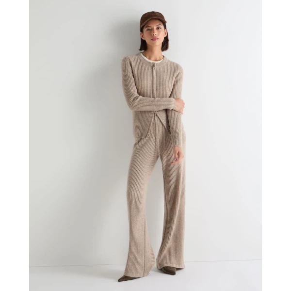 N.Peal Ribbed Full Zip Cashmere Jumper in Oatmeal Brown
