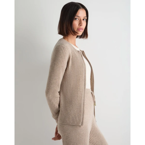 N.Peal Ribbed Full Zip Cashmere Jumper in Oatmeal Brown