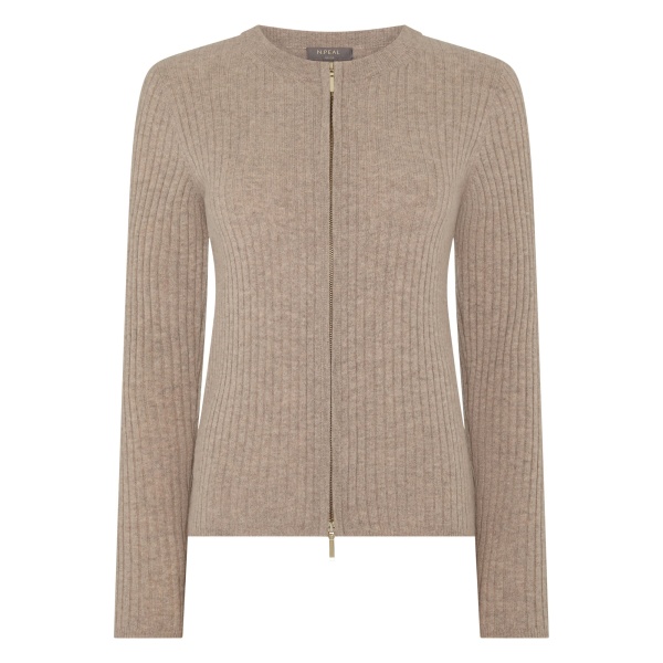N.Peal Ribbed Full Zip Cashmere Jumper in Oatmeal Brown | Sweaters | Luxury Shoes 