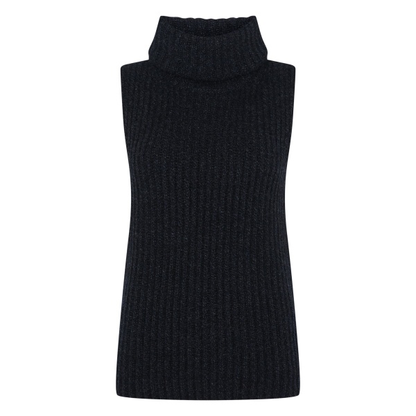N.Peal Ribbed Sleeveless Turtle Neck Cashmere Jumper in Ink Blue Melange | Turtlenecks | Luxury Shoes 