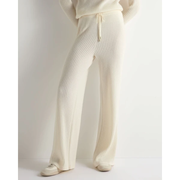 N.Peal Ribbed Wide Leg Cashmere Trousers in New Ivory White