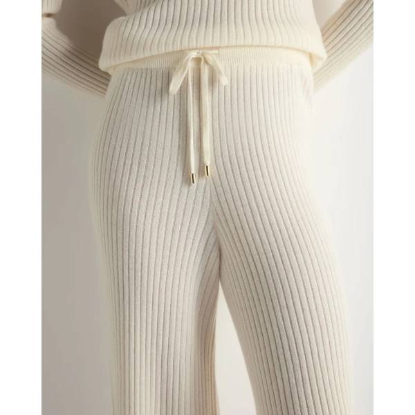 N.Peal Ribbed Wide Leg Cashmere Trousers in New Ivory White