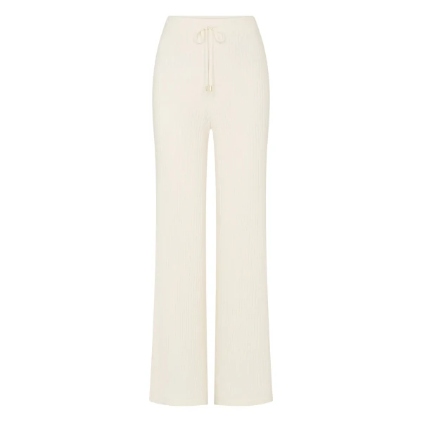 Ribbed Wide Leg Cashmere Trousers in New Ivory White