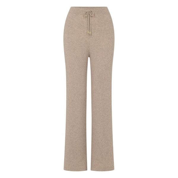 N.Peal Ribbed Wide Leg Cashmere Trousers in Oatmeal Brown | Wide leg pants | Luxury Shoes 