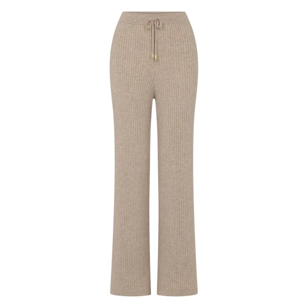 Ribbed Wide Leg Cashmere Trousers in Oatmeal Brown