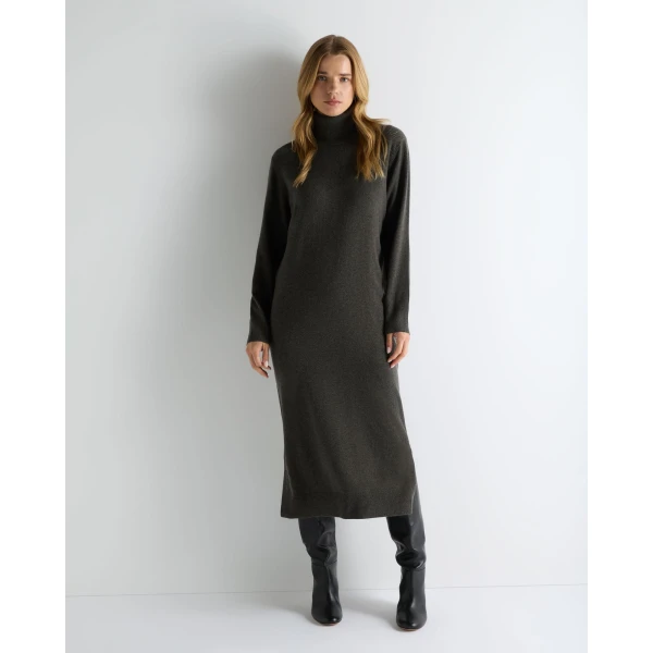 N.Peal Roll Neck Cashmere Jumper Dress in Grey Moss