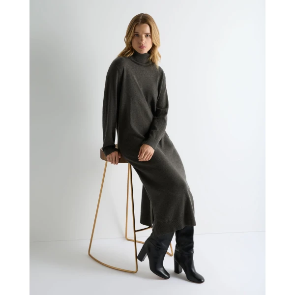 N.Peal Roll Neck Cashmere Jumper Dress in Grey Moss