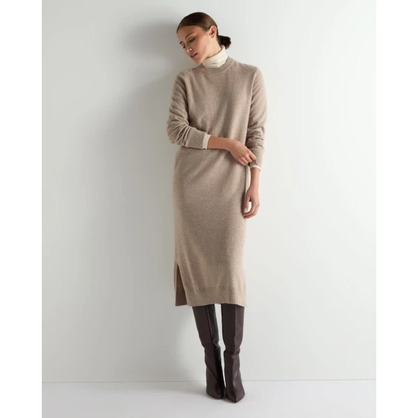 N.Peal Round Neck Cashmere Jumper Dress in Oatmeal Brown