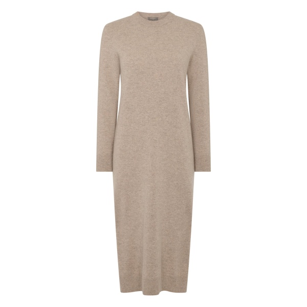 N.Peal Round Neck Cashmere Jumper Dress in Oatmeal Brown | Midi Dresses | Luxury Shoes 