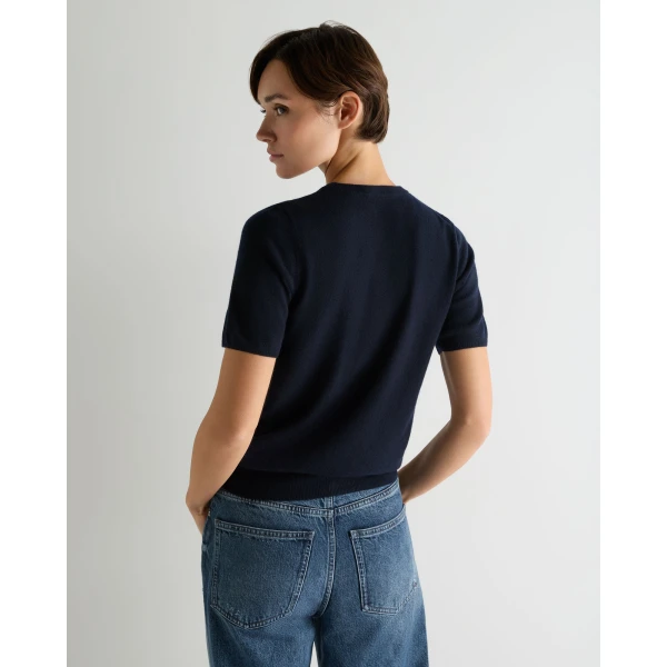 N.Peal Round Neck Cashmere T-Shirt in Navy Blue