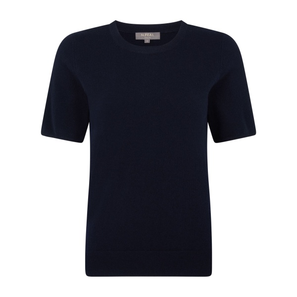 N.Peal Round Neck Cashmere T-Shirt in Navy Blue | T-shirts | Luxury Shoes 