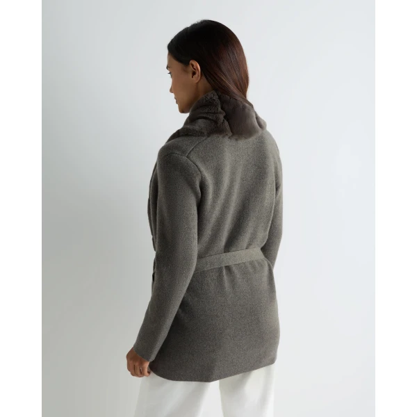 N.Peal Ruby Herringbone Fur Cardigan in Wood Smoke Brown
