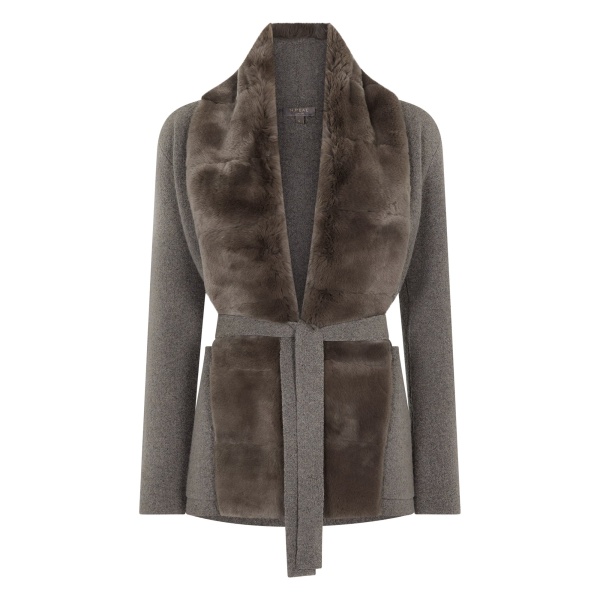 N.Peal Ruby Herringbone Fur Cardigan in Wood Smoke Brown | Cardigan | Luxury Shoes 