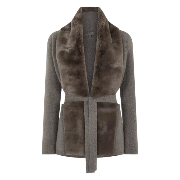 N.Peal Ruby Herringbone Fur Cardigan in Wood Smoke Brown | Cardigan | Luxury Shoes 