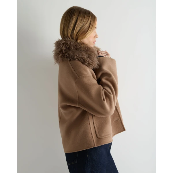 N.Peal Shearling Collar Jacket in Camel Brown
