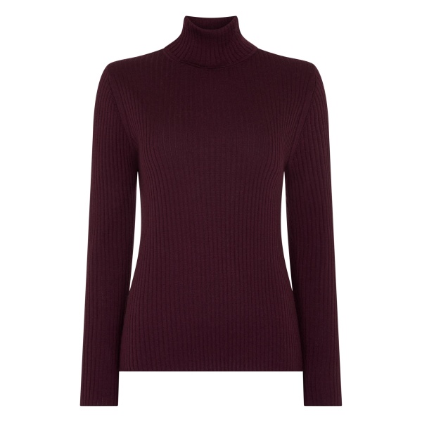 N.Peal Superfine Cashmere Ribbed Roll Neck Jumper in Damson Red | Turtlenecks | Luxury Shoes 