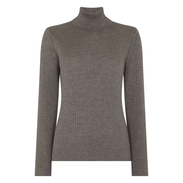 Superfine Cashmere Ribbed Roll Neck Jumper in Pecan Brown