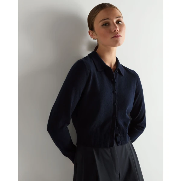 N.Peal Thea Collared Cashmere Cardigan in Navy Blue