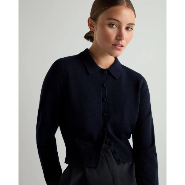 N.Peal Thea Collared Cashmere Cardigan in Navy Blue