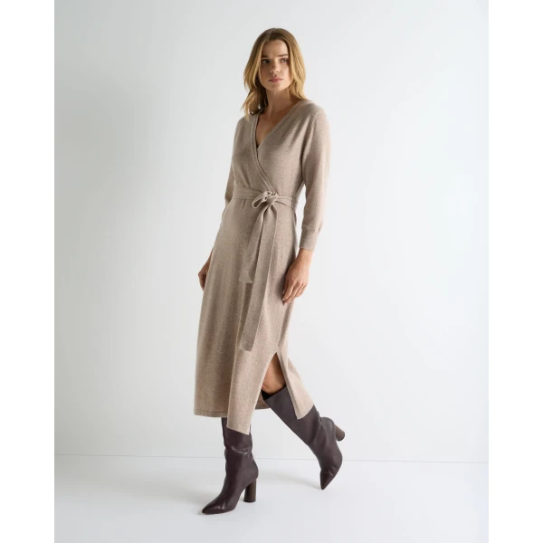 N.Peal Willa Wrap Cashmere Dress in Oatmeal Brown